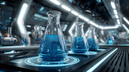 Futuristic lab scene featuring Erlenmeyer flasks filled with blue liquid. A modern setting with glowing lights and advanced technology creates a sense of scientific exploration.