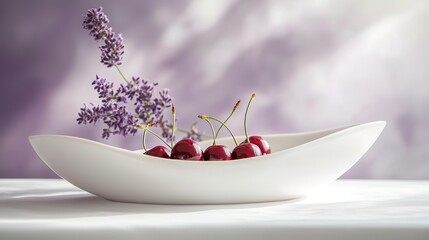 Cherries and lavender in a white bowl