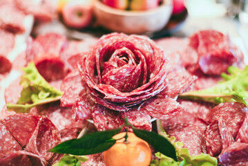 Close-up of an attractive platter of sausage or rosette
