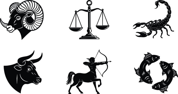 Black silhouettes of zodiac signs including ram head aries bull head taurus scales libra scorpion scorpio archer centaur sagittarius and two fish pisces arranged on white background