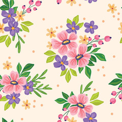 Fototapeta premium Seamless floral pattern, delicate ditsy print in girly style. Cute botanical design of painted plants, romantic hand drawn bouquets, small simple flowers, leaves, white background. Vector illustration
