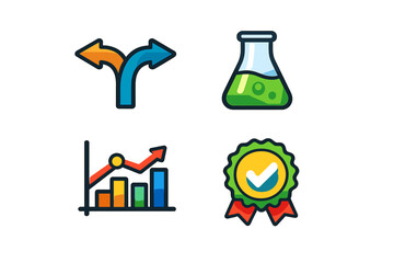 Set of Four Colorful Icons: Branching Arrows, Flask, Bar Chart, and Award Badge