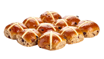 Hot cross buns, traditional spiced, sweet buns made with currants or raisins and marked with a cross on top, isolated on transparent background, PNG