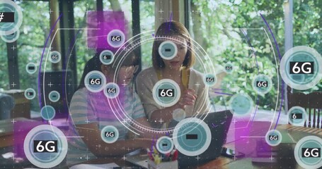 Animation of globe with icons of network of connections and cityscape - Powered by Adobe