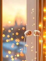 Earbuds on Window Sill with Warm Sunset Background Digital Mental Health Support