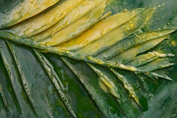 Green and yellow leaf artwork showing a textured surface covered in shimmering liquid droplets, creating an abstract background