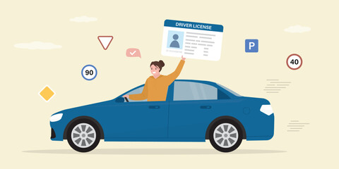 Happy female character driving modern car and holding driver license. Beginner woman driver behind the wheel of her blue auto. Road signs, traffic rules