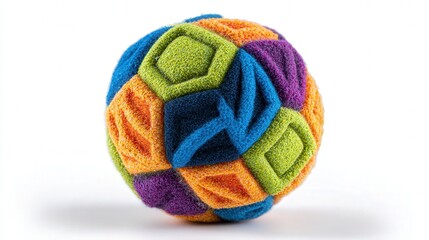 colorful pet toy ball with geometric textures isolated on white background