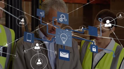 Animation of network of connections over diverse group of warehouse workers - Powered by Adobe