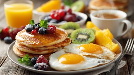Complete breakfast meal with pancakes, fried eggs, and an assortment of fresh fruits