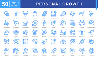 Personal Growth icon set featuring authenticity, confidence, success, mindfulness, self actualization, goals, vision, purpose, initiative, and more. Perfect for motivation and self development.