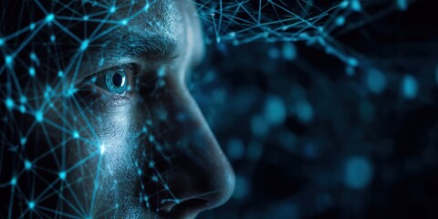 A close-up of a human face with a digital network overlay, symbolizing the intersection of technology and human cognition.