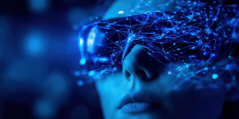 A futuristic image featuring a person wearing augmented reality glasses, surrounded by a network of glowing blue lines and dots, symbolizing technology and innovation.