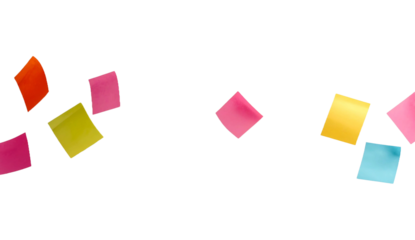 Flying Multi-Colored Sticky Notes and Blank Memo Pads Scattered in Air Isolated on Transparent Background for Creative Concepts and Business Planning