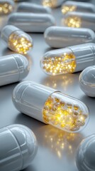 Pharmaceuticals Capsules: A close-up shot of several capsules on a surface. A visual representation of medicine and treatment.