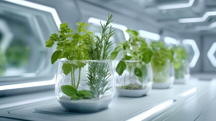 Hydroponic Garden in High-Tech Habitat: A collection of vibrant herbs thrives within transparent vessels. The scene takes place within a sleek, futuristic environment.