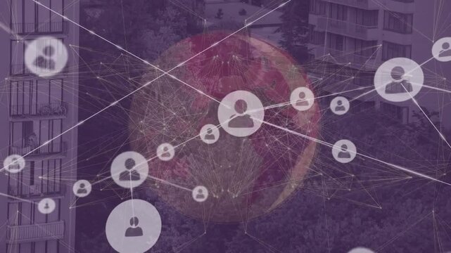 Animation of connected icons, dots forming globe and abstract pattern over modern buildings