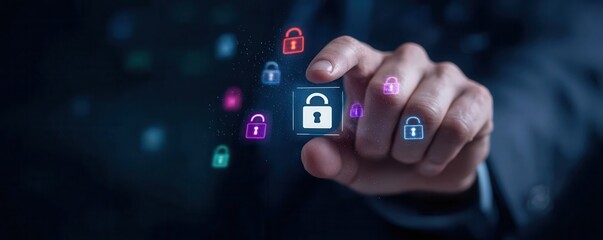 A hand interacts with digital padlocks, symbolizing cybersecurity and data protection in a modern, tech-focused environment.