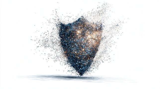 conceptual cybersecurity shield made of digital particles isolated on white background