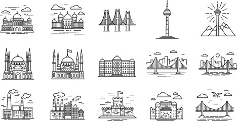 Architectural landmarks including mosque, bridge, tower, palace, factory, castle, fortress, hotel, cultural buildings, line art style, flat vector © MD
