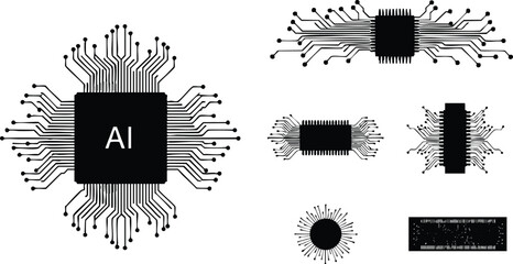 Minimalist black and white vector art set of integrated circuit microchips with circuit lines and artificial intelligence letters digital technology concept