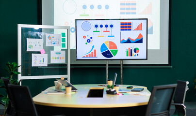 Modern creative conference meeting room set up for graphic design work featuring presentation screen, charts on glass board laptops on table, clean professional coworking office environment workplace
