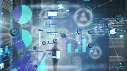 Animation of network of connections over diverse hand in blue space - Powered by Adobe