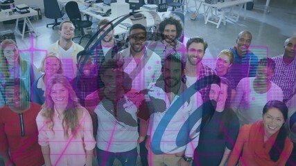 Animation of data processing and globe over team of diverse colleagues smiling together at office - Powered by Adobe