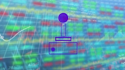 Animation of video game controller icon over financial and stock market data processing - Powered by Adobe