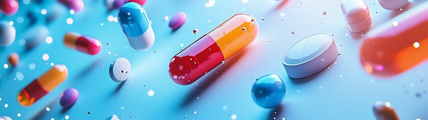 Colorful Capsules and Pills on Blue Background Charming Cartoon Medical