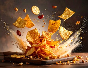 Explosion of savory crackers, nuts, and crumbs on a wooden board