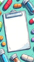 Colorful Capsules and Medicine on Clipboard Background Charming Cartoon Medical