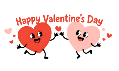 Charming valentine s day illustration featuring two smiling hearts with playful arms and scattered hearts