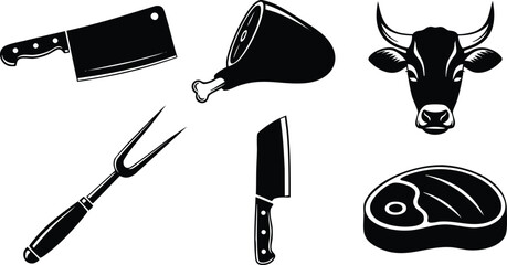 Black silhouette butchery tools and meat cuts including cleaver fork ham steak and cow head icon set in vector style isolated on white background
