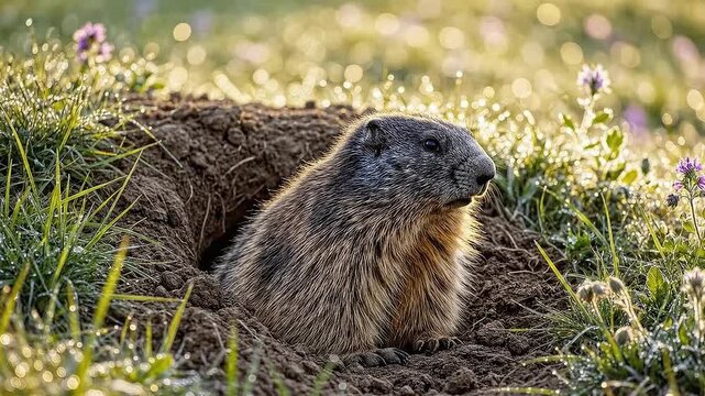Cute groundhog with curious mood peeking out of hole representing spring prediction against sunny green grass background