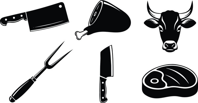 Black silhouette butchery tools and meat cuts including cleaver fork ham steak and cow head icon set in vector style isolated on white background