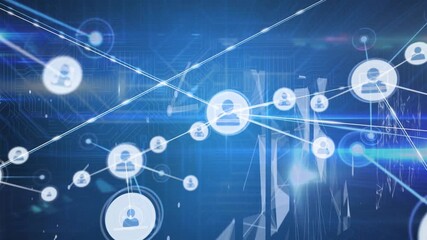 Animation of network of connections with icons and data processing over blue background - Powered by Adobe