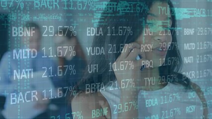 Animation of statistics and data processing over caucasian businesswoman using smartphone - Powered by Adobe