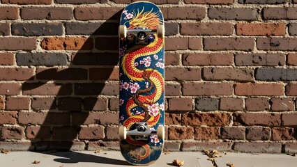 A stylish skateboard leaning vertically against a weathered red brick wall