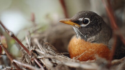 Fototapeta premium American Robin nestled in its nest