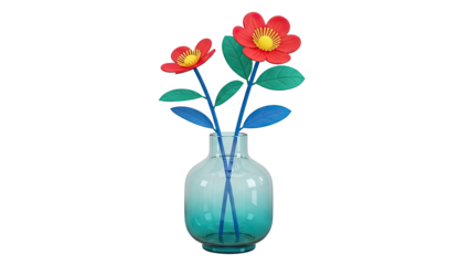 Abstract Red Flowers in Teal Glass Vase