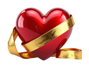 3D glossy red heart with a gold ribbon wrapped around it,white background.