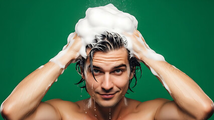 Man washing face and hair with soap on green background