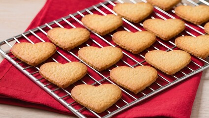 heart shaped cookies on red background, homemade 