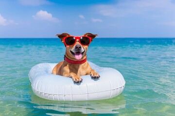 dog with red sunglasses  on the water mattess in the sea, vacation, rest, abstract 