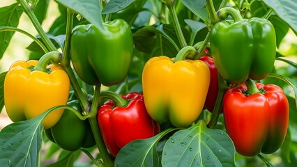 Colorful Bell Peppers Growing on a Plant