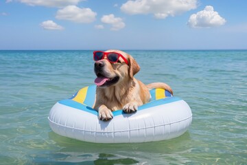 dog with red sunglasses on mattress in the sea, enjoying summer, vacation, holidays	