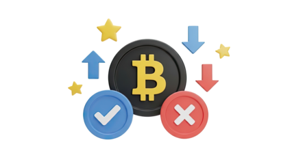 Bitcoin Cryptocurrency Symbol with Up/Down Arrows and Check/X Marks