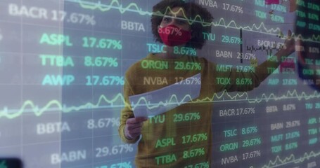 woman wearing face mask in office giving presentation