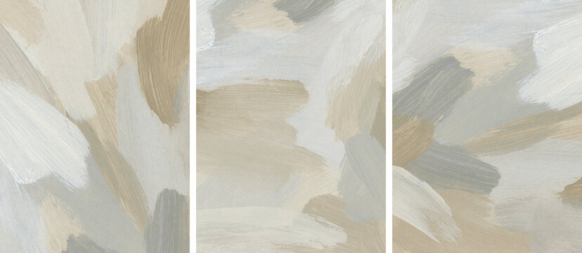 Abstract art background set. Modern hand painted acrylic templates in neutral colors. Artistic texture with paint brush strokes. Fragments of contemporary artwork. Hand drawn painting on canvas
